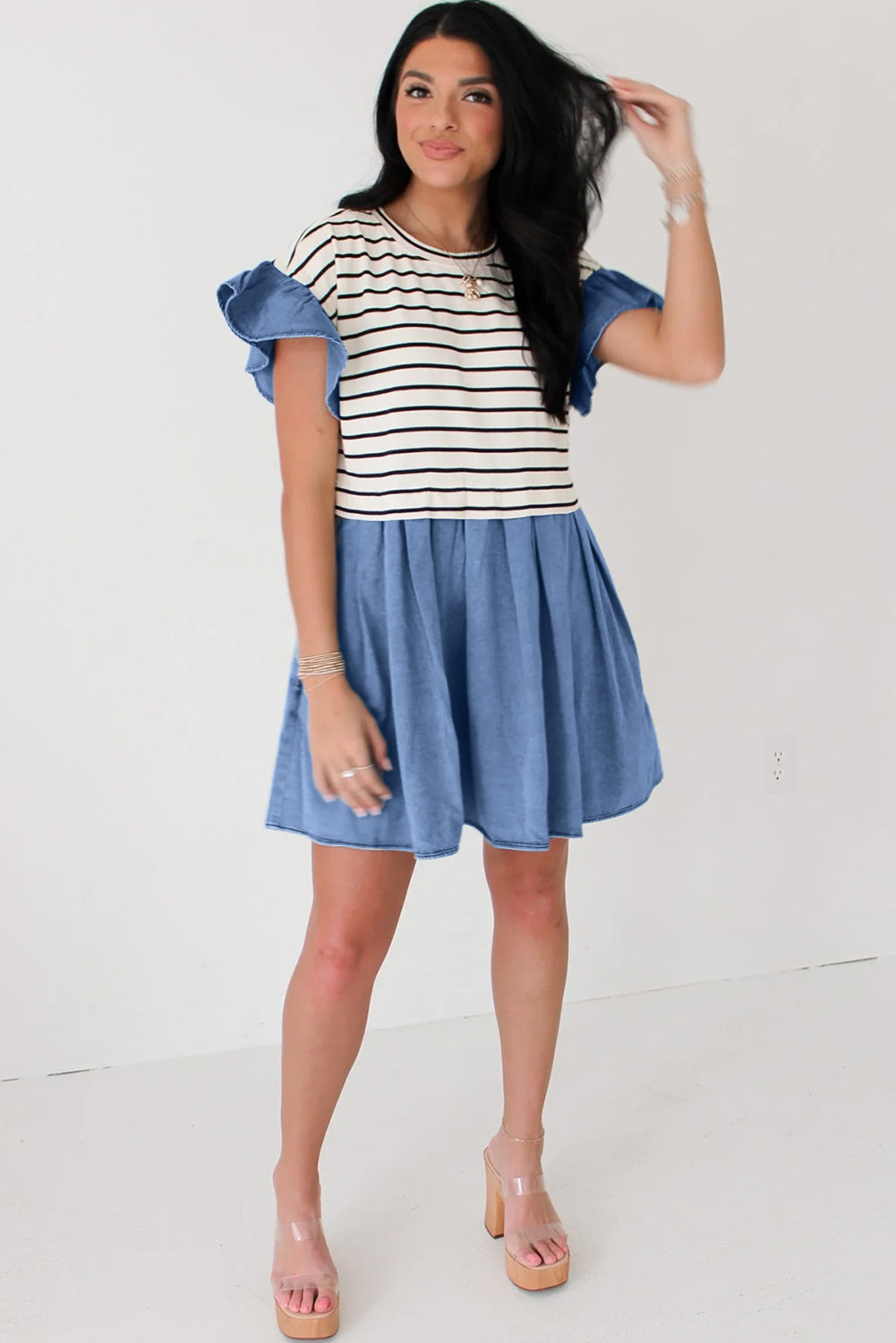 Black Stripe Ruffle Denim Patchwork Round Neck Mini Dress Mini Dresses JT's Designer Fashion