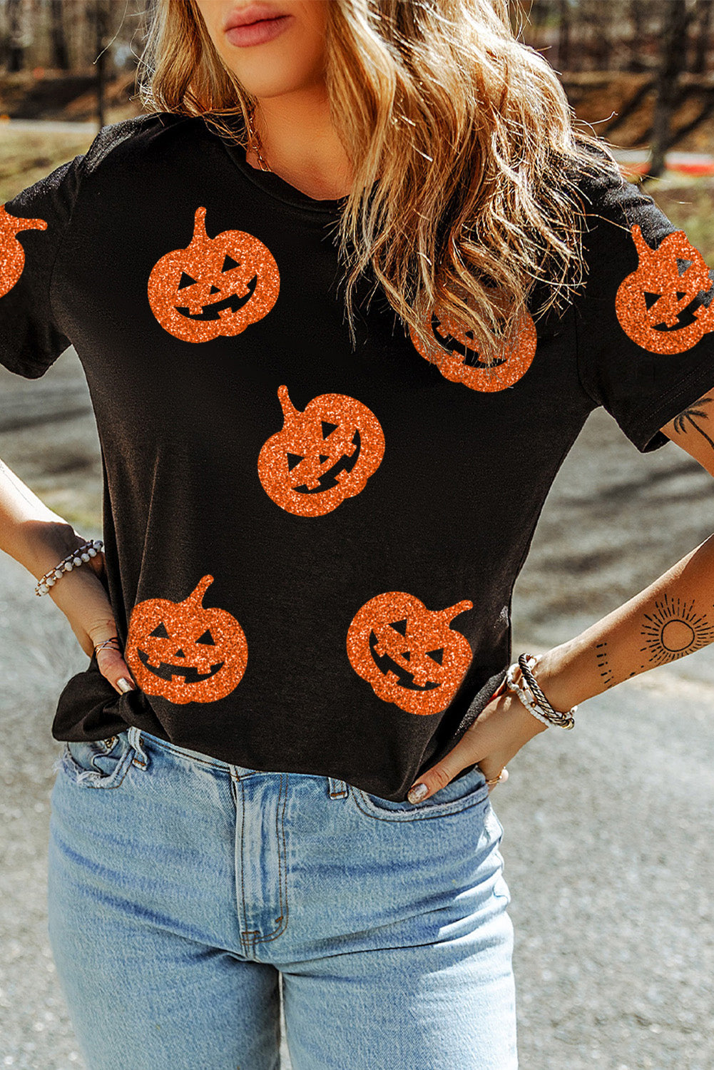 Black Glittering Pumpkin Face Graphic Crewneck Halloween T Shirt Graphic Tees JT's Designer Fashion
