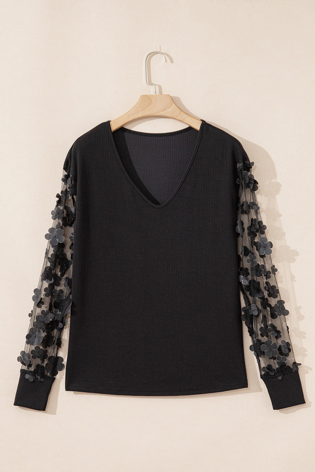 Black Flower Applique Mesh Long Sleeve V Neck Blouse Blouses & Shirts JT's Designer Fashion