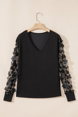 Black Flower Applique Mesh Long Sleeve V Neck Blouse Blouses & Shirts JT's Designer Fashion