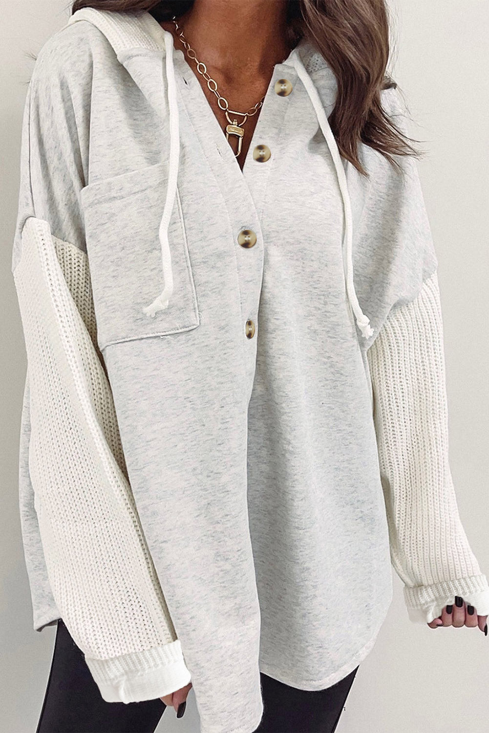 Gray Button Up Contrast Knitted Sleeves Hooded Jacket Jackets JT's Designer Fashion