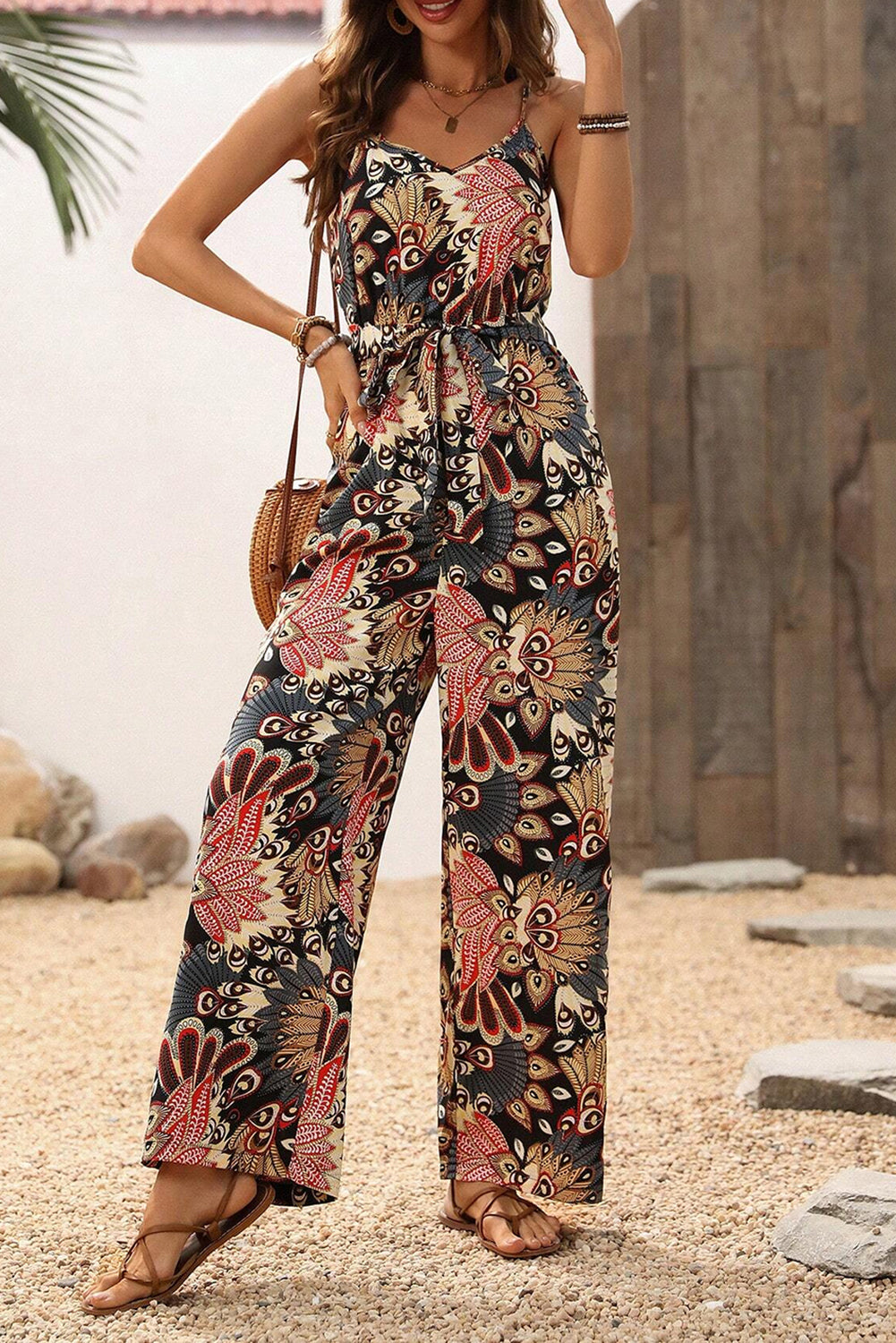 Black Floral Print Belted Sleeveless Wide Leg Jumpsuit Jumpsuits & Rompers JT's Designer Fashion