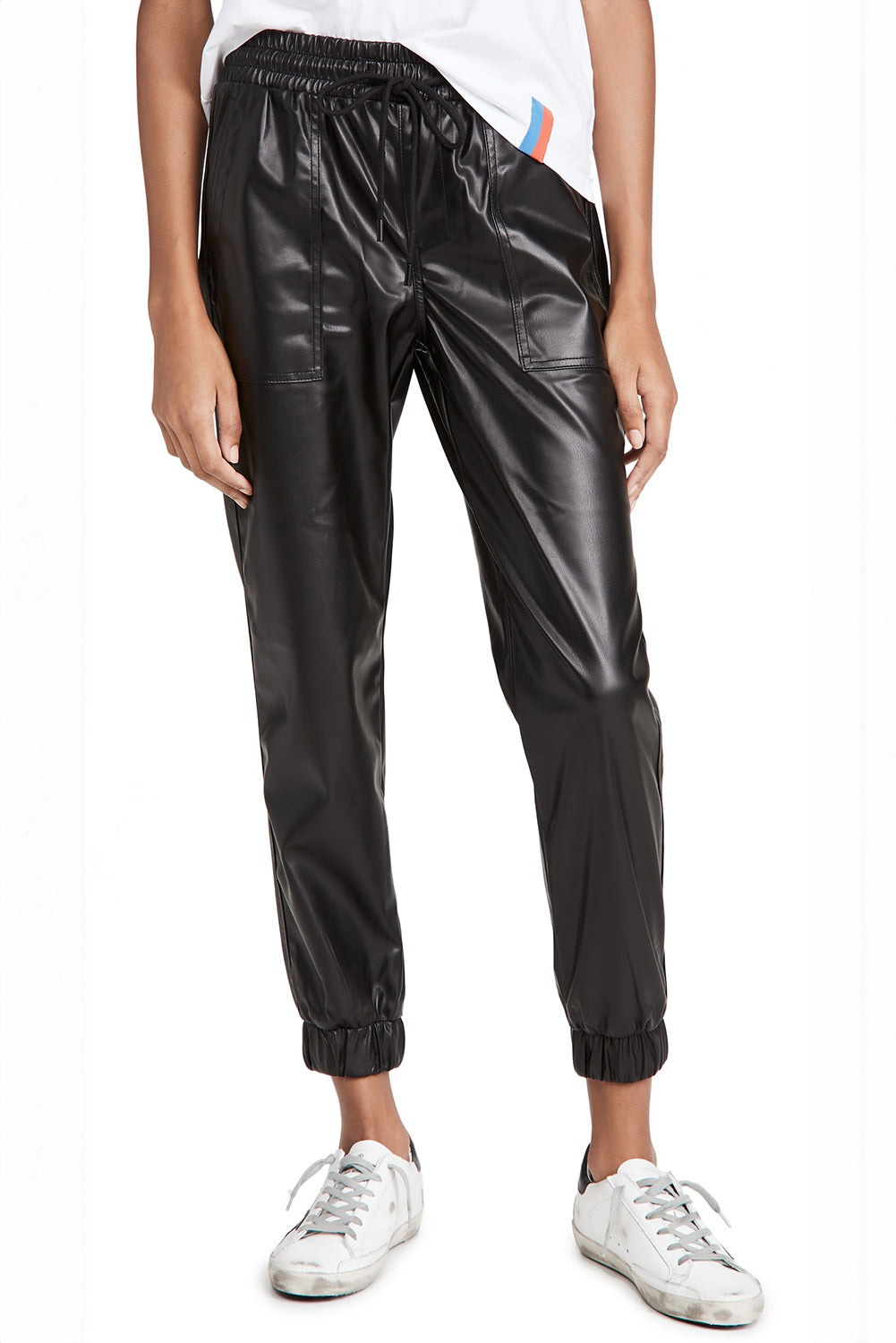 Black Faux Leather Ankle Smocked Waist Drawstring Joggers Pants & Culotte JT's Designer Fashion