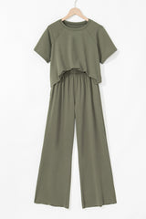Seagrass Raw Hem Loose Tee and Wide Leg Pants Set Pant Sets JT's Designer Fashion