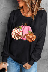 Black Pumpkin Thankful Drop Shoulder Thanksgiving Pullover Sweatshirt Graphic Sweatshirts JT's Designer Fashion