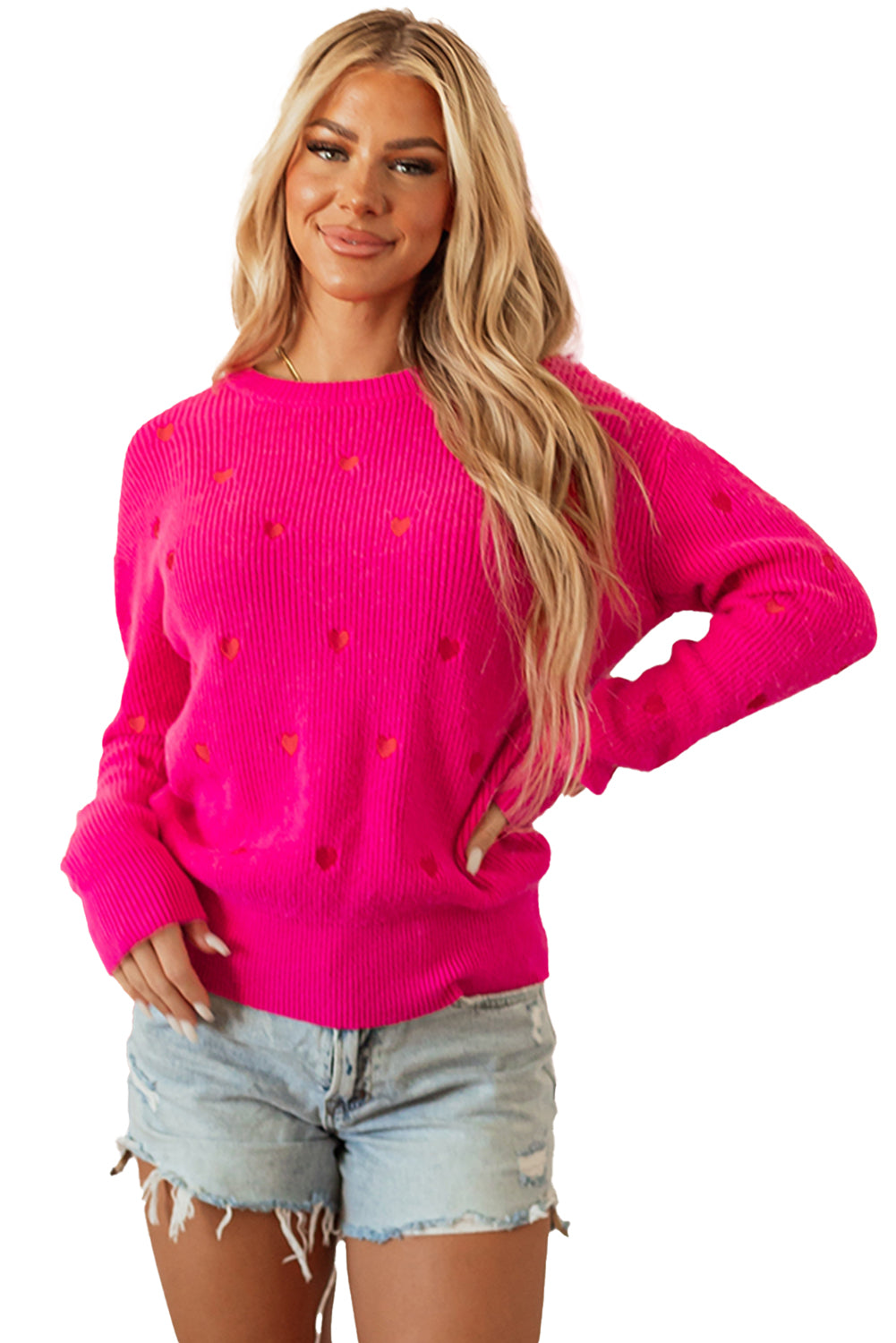 Rose Red Heart Shape Drop Shoulder Round Neck Sweater Sweaters JT's Designer Fashion