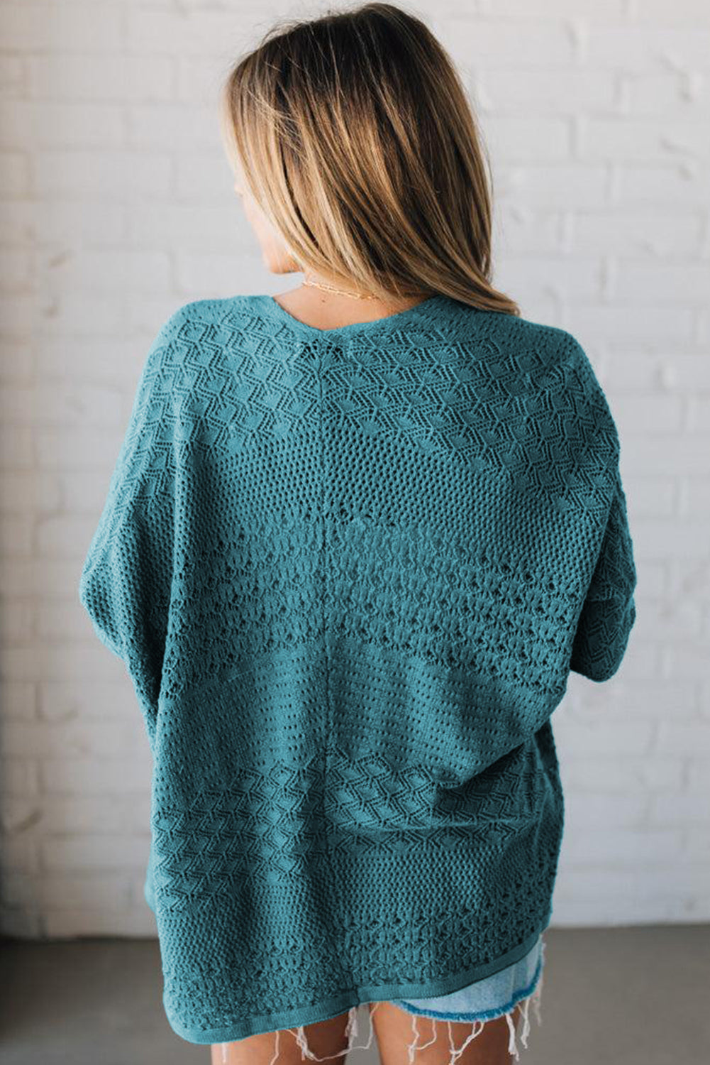 Lapis Mix Pattern Hollowed Knit Open Front Cardigan Cardigans JT's Designer Fashion