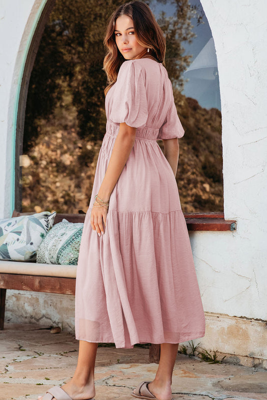 Pink Puff Sleeve Pleated High Waist Flowy Long Dress Maxi Dresses JT's Designer Fashion