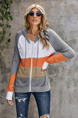 Gray Zipped Front Colorblock Hollow-out Knit Hoodie Sweatshirts & Hoodies JT's Designer Fashion