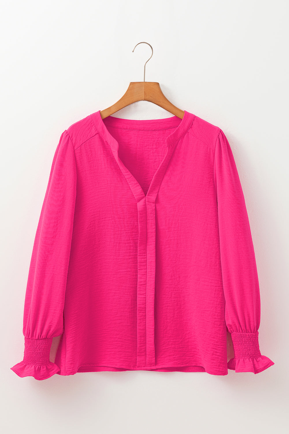 Rose Red Solid Color Shirred Cuff Notch V Neck Blouse Blouses & Shirts JT's Designer Fashion