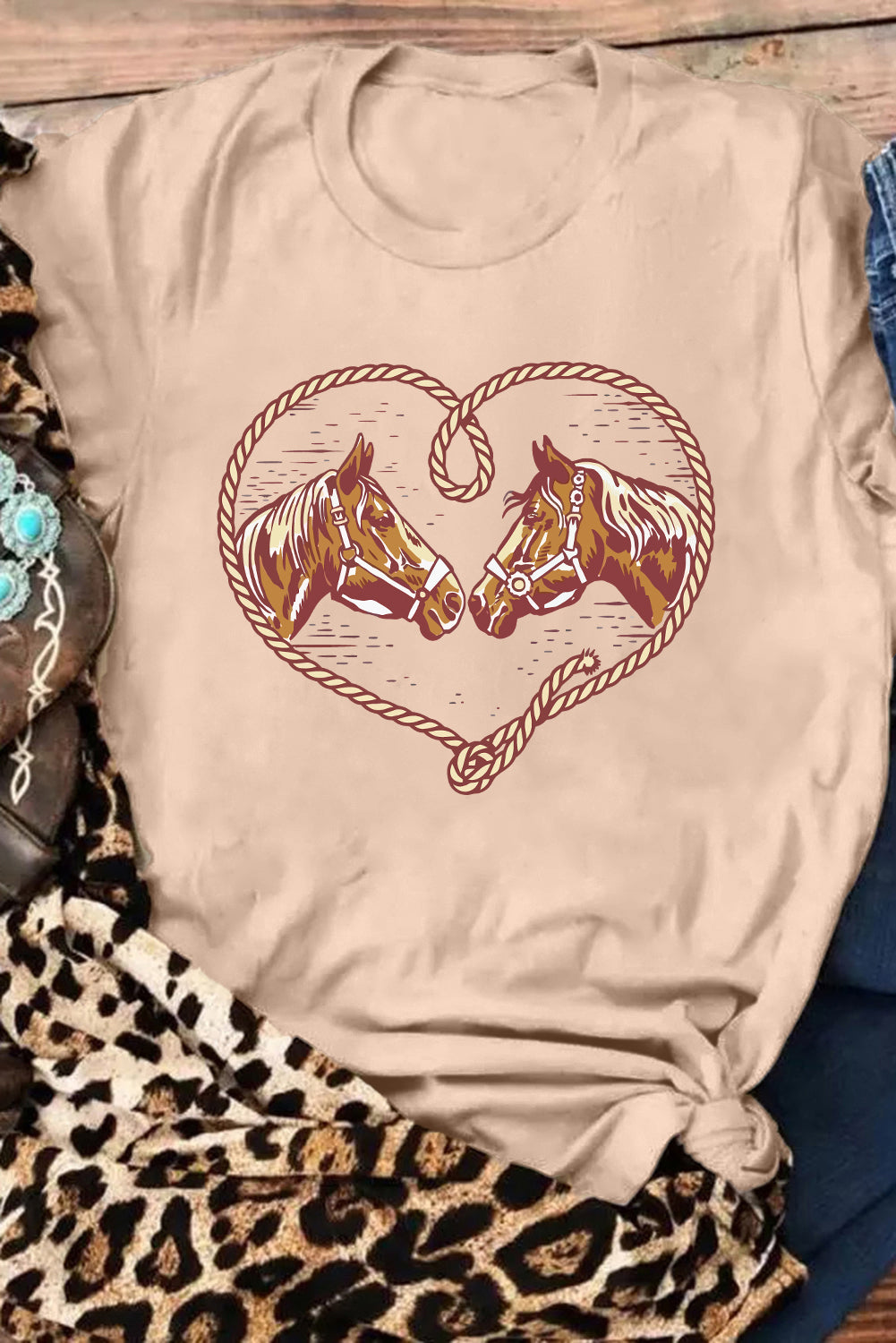 Khaki Rodeo Horse Graphic Western Cowgirl Fashion T Shirt Graphic Tees JT's Designer Fashion