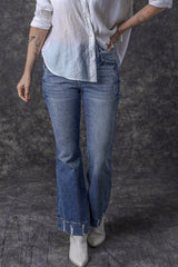 Sky Blue Slight Distressed Medium Wash Flare Jeans Jeans JT's Designer Fashion
