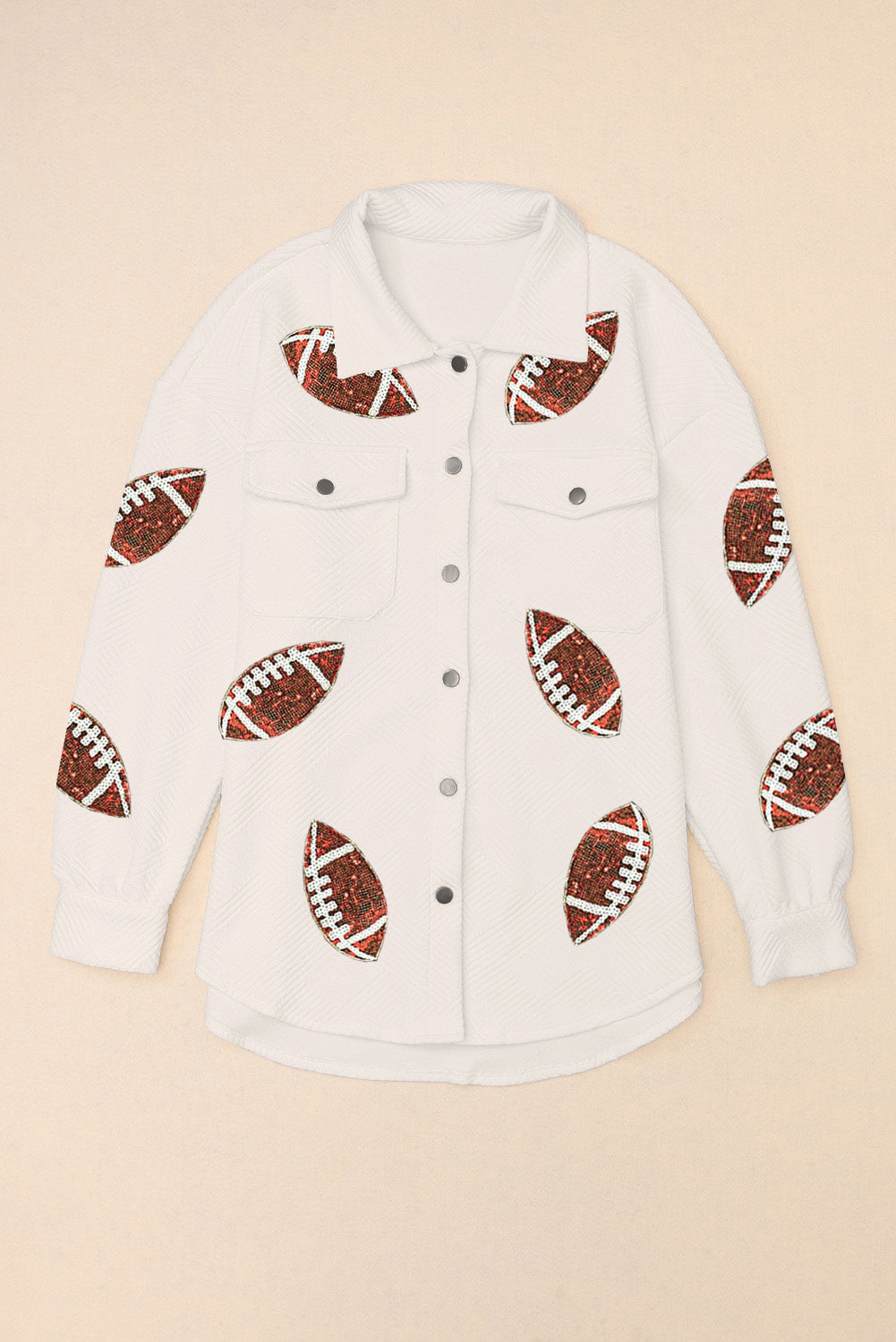 Beige Bubble Gum Texture Sequined Rugby Football Shacket Jackets JT's Designer Fashion