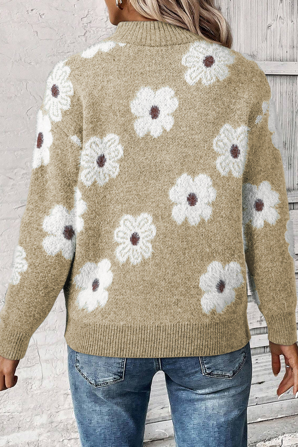 Khaki Floral Pattern Half Zip Drop Shoulder Sweater Sweaters JT's Designer Fashion
