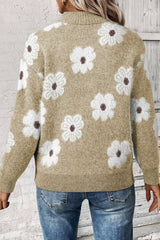 Khaki Floral Pattern Half Zip Drop Shoulder Sweater Sweaters JT's Designer Fashion