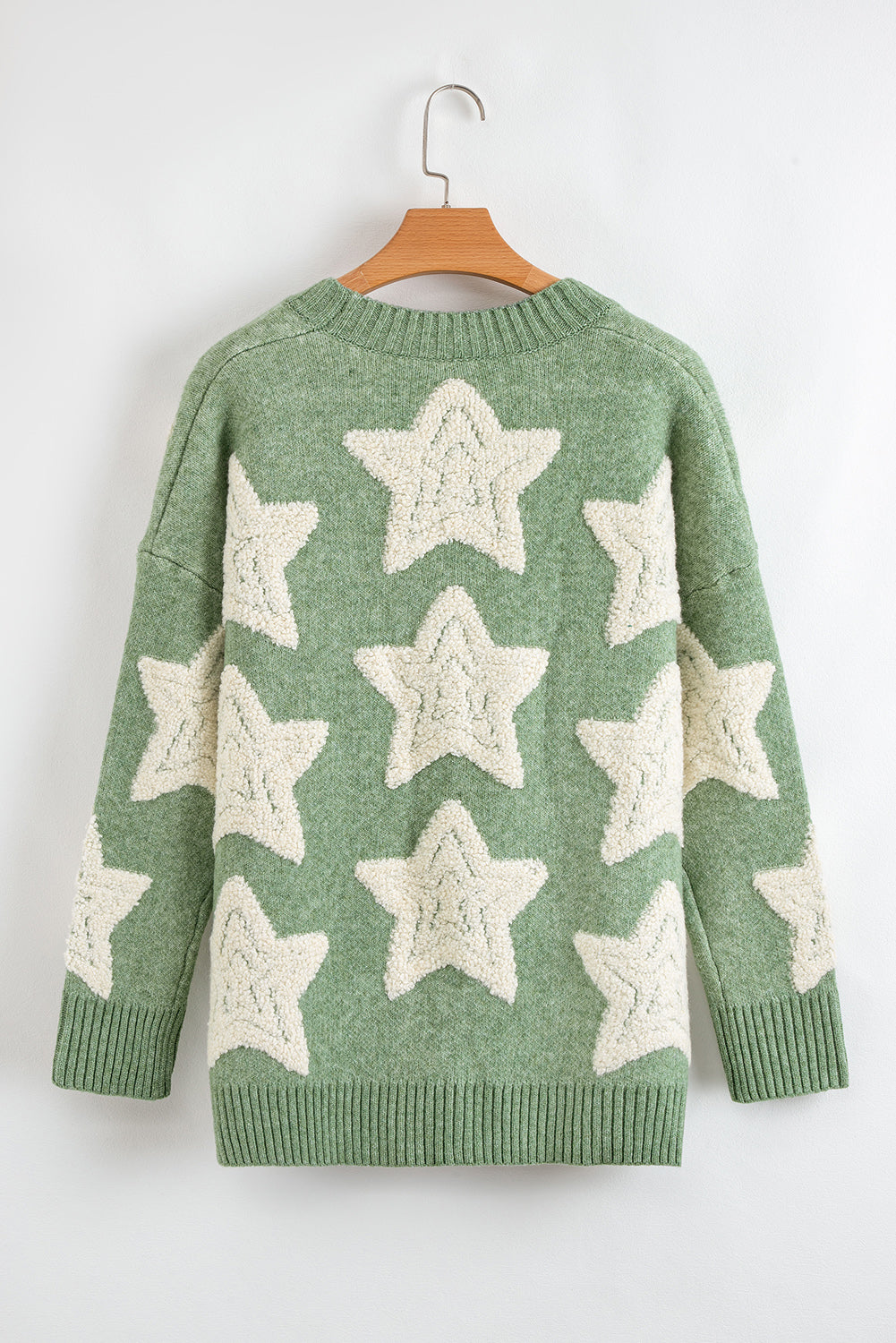 Green Sherpa Star Pattern Textured Sweater Cardigan with Pockets Cardigans JT's Designer Fashion