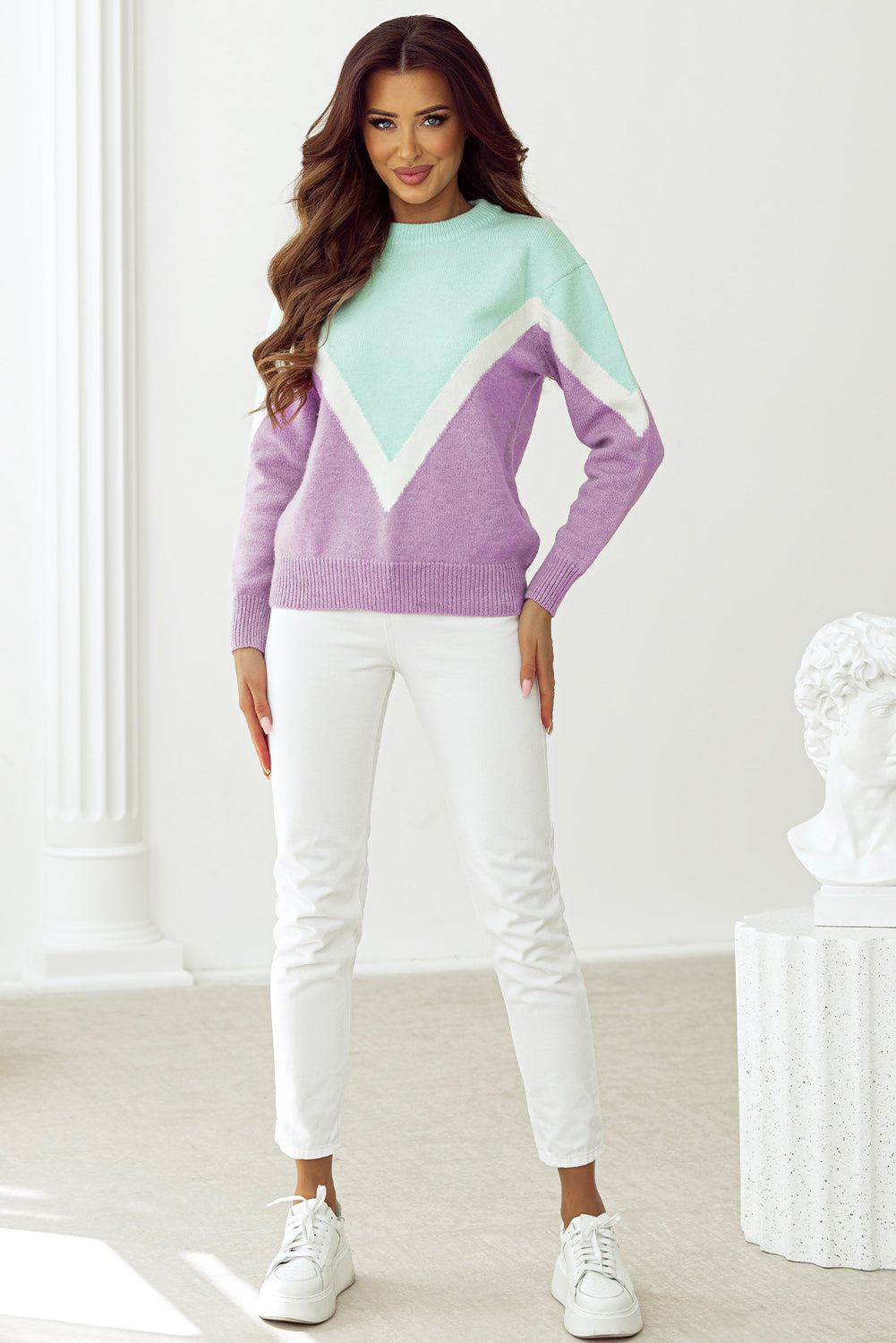 Green Chevron Colorblock Ribbed Knit Drop Shoulder Sweater Sweaters JT's Designer Fashion