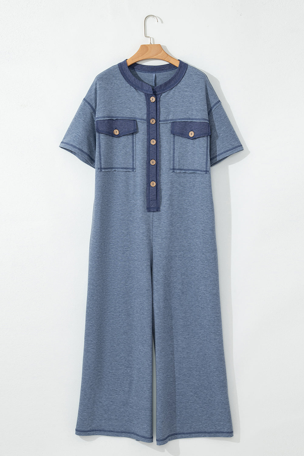 Beau Blue Half Placket Chest Pockets Short Sleeve Wide Leg Jumpsuit Jumpsuits & Rompers JT's Designer Fashion