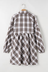 White Plaid Bubble Sleeve Flowy Shirt Dress Mini Dresses JT's Designer Fashion