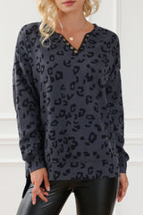 Gray Leopard Print Button Split Neck Waffle Sweatshirt Sweatshirts & Hoodies JT's Designer Fashion