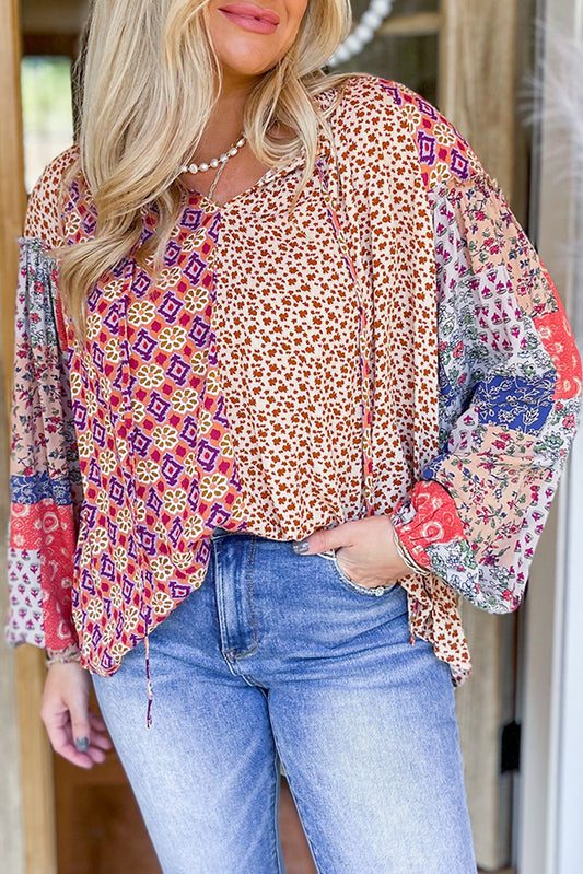 Orange Mixed Floral Printed Long Sleeve Tied V Neck Blouse Orange 100%Polyester Blouses & Shirts JT's Designer Fashion