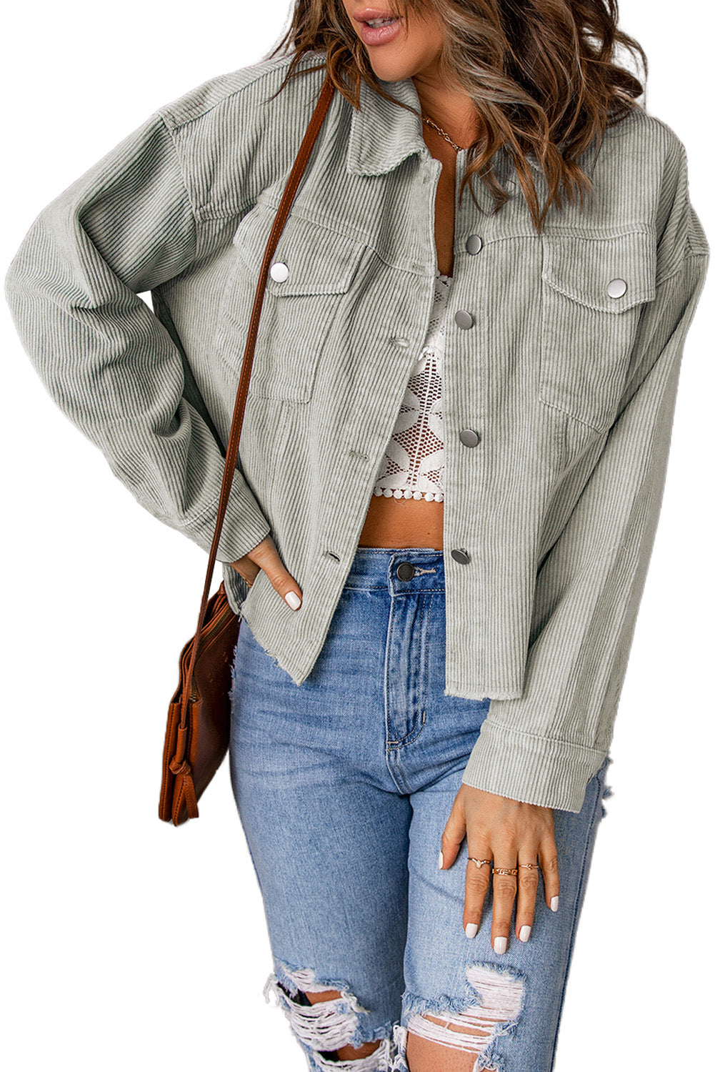 Sky Blue Raw Hem Flap Pockets Cropped Corduroy Jacket Jackets JT's Designer Fashion