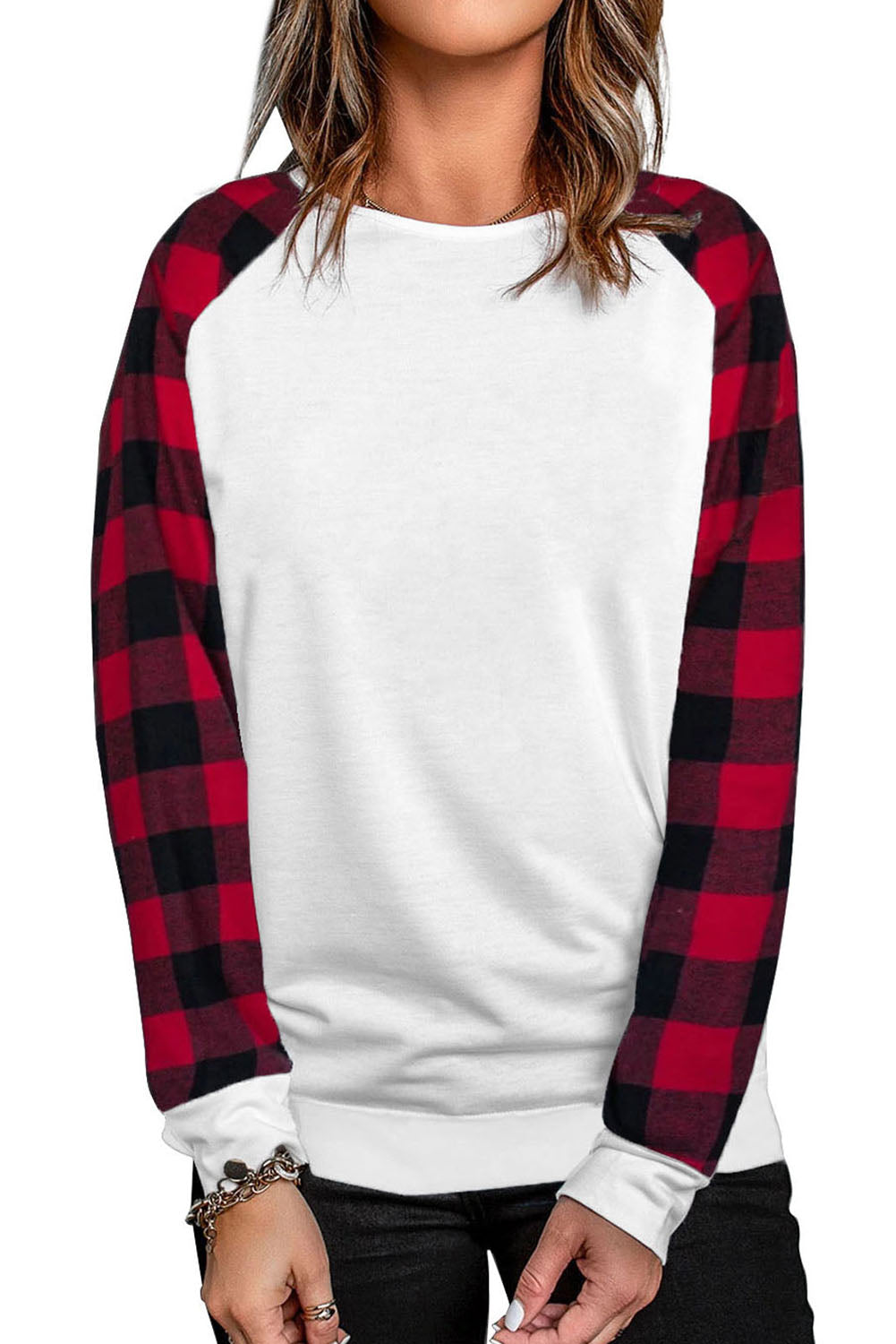 White Buffalo Plaid Long Sleeve Sweatshirt Sweatshirts & Hoodies JT's Designer Fashion