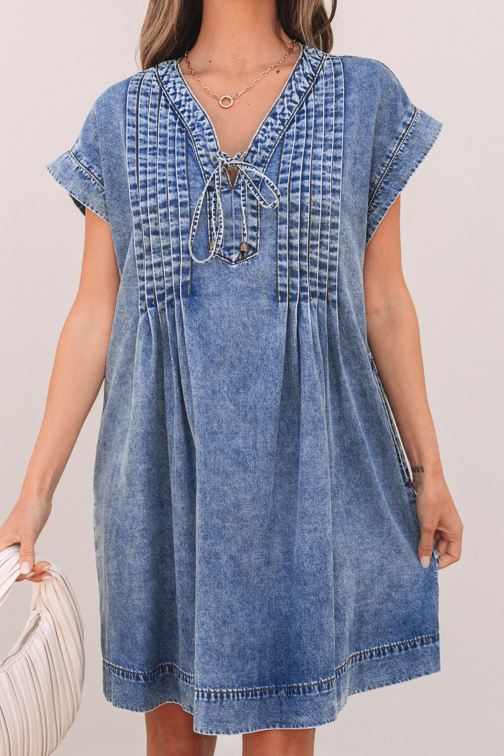 Beau Blue Tie V Neck Tucking Detail Short Sleeve Denim Shift Dress Mini Dresses JT's Designer Fashion
