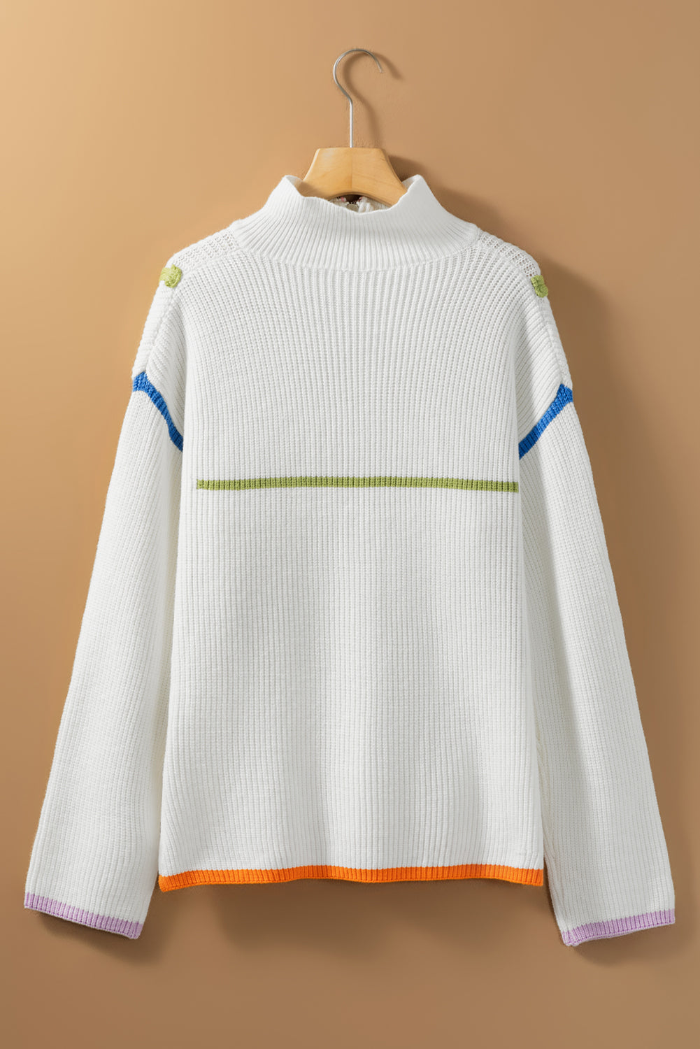 White Colorful Edge Quarter Zip Drop Shoulder Sweater Sweaters & Cardigans JT's Designer Fashion