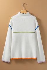 White Colorful Edge Quarter Zip Drop Shoulder Sweater Sweaters & Cardigans JT's Designer Fashion