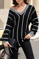 Black Colorblock Striped V Neck Knitted Loose Sweater Sweaters JT's Designer Fashion