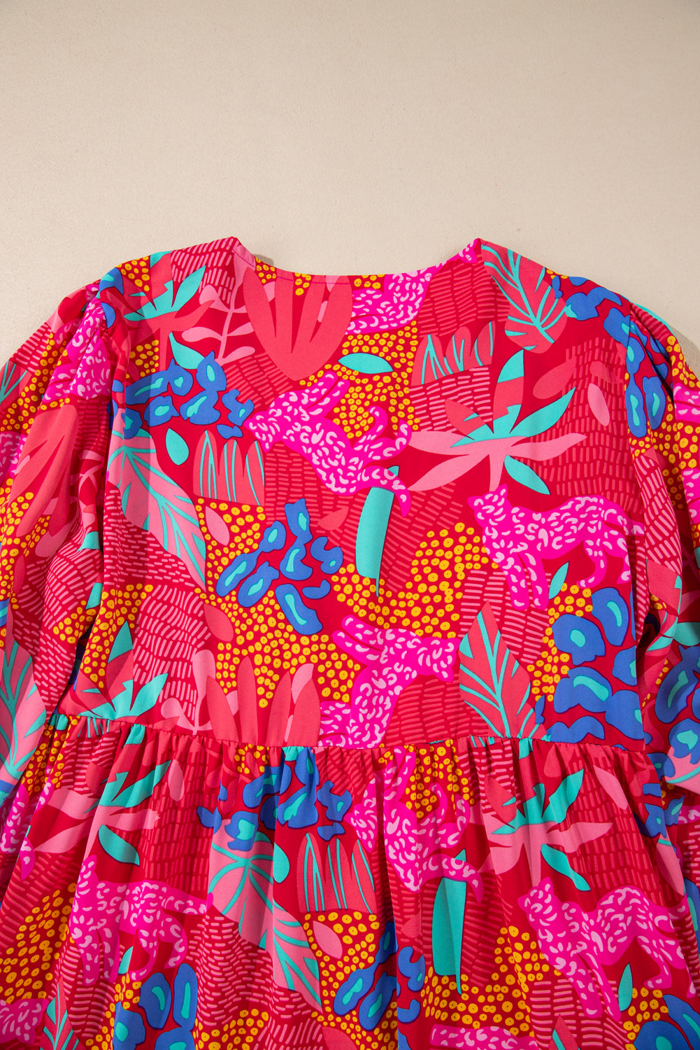 Rose Tropical Printed Lantern Sleeve V Neck Ruffled Plus Size Mini Dress Plus Size Mini Dresses JT's Designer Fashion