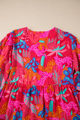 Rose Tropical Printed Lantern Sleeve V Neck Ruffled Plus Size Mini Dress Plus Size Mini Dresses JT's Designer Fashion