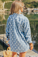 Sky Blue Star Print Light Wash Raw Hem Denim Jacket Denim Jackets JT's Designer Fashion