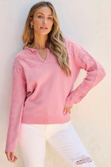 Peach Blossom Flower Detail Knitted Notched Neck Sweater Peach Blossom 50%Viscose+28%Polyester+22%Polyamide Sweaters JT's Designer Fashion