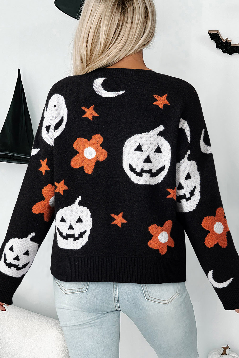 Black Halloween Mythical Night Pattern Drop Shoulder Sweater Sweaters JT's Designer Fashion