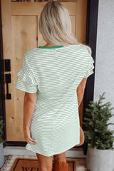 Green Stripe Ruffled Short Sleeve Crew Neck T Shirt Shift Mini Dress T Shirt Dresses JT's Designer Fashion