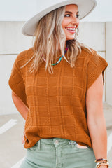 Chestnut Grid Textured Short Sleeve Sweater Sweaters & Cardigans JT's Designer Fashion