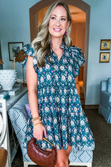 Blue Retro Floral Print Split Neck Ruffle Short Sleeve Dress Floral Dresses JT's Designer Fashion