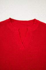 Racing Red Solid Textured Knit V Neck Drop Shoulder Sweater Sweaters JT's Designer Fashion