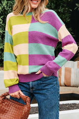Green Stripe Drop Shoulder Ribbed Edge Casual Sweater Sweaters JT's Designer Fashion