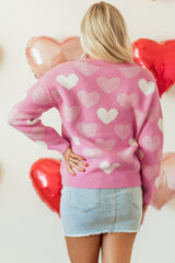 Pink Pearled Heart Print Valentines Crew Neck Sweater Sweaters JT's Designer Fashion