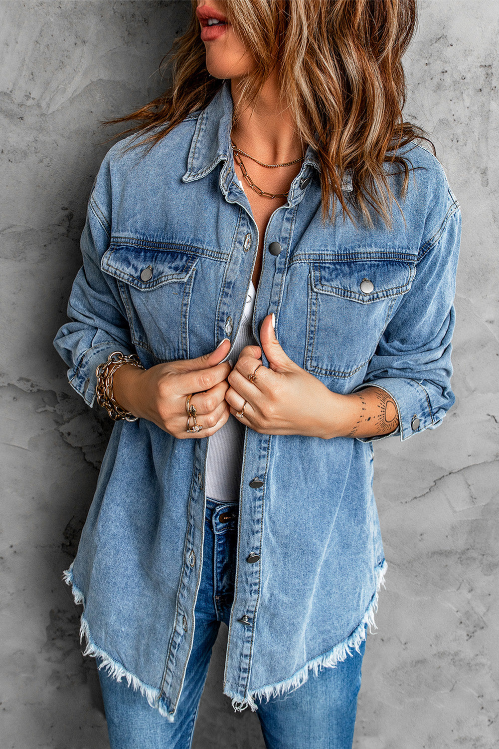 Sky Blue Pocket Raw Hem Buttoned Denim Jacket Sky Blue 80%Cotton+20%Polyester Denim Jackets JT's Designer Fashion