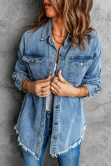Sky Blue Pocket Raw Hem Buttoned Denim Jacket Sky Blue 80%Cotton+20%Polyester Denim Jackets JT's Designer Fashion