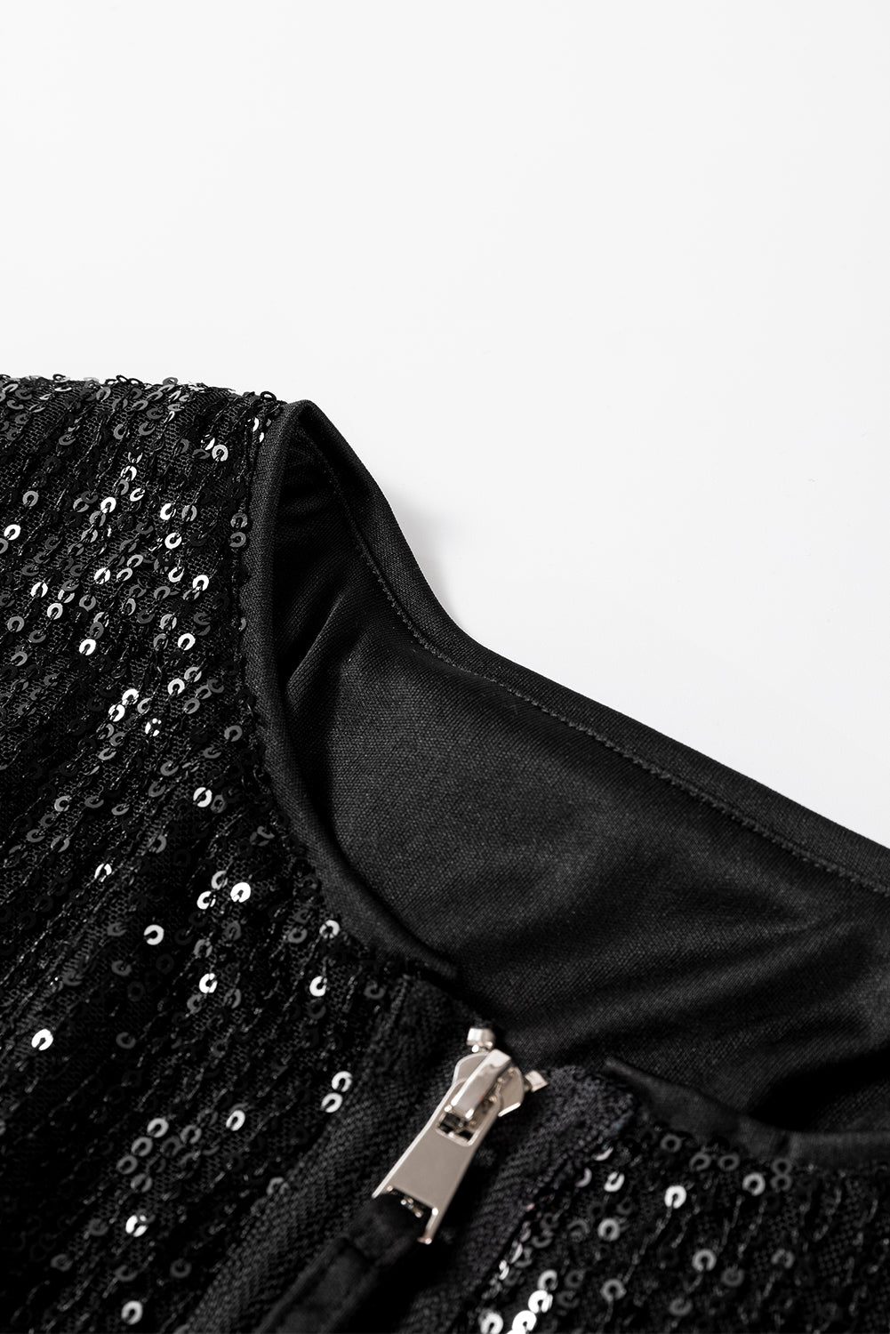 Black Sequin Zip up Round Neck Long Sleeve Jacket Jackets JT's Designer Fashion