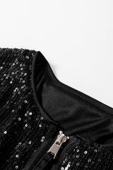 Black Sequin Zip up Round Neck Long Sleeve Jacket Jackets JT's Designer Fashion