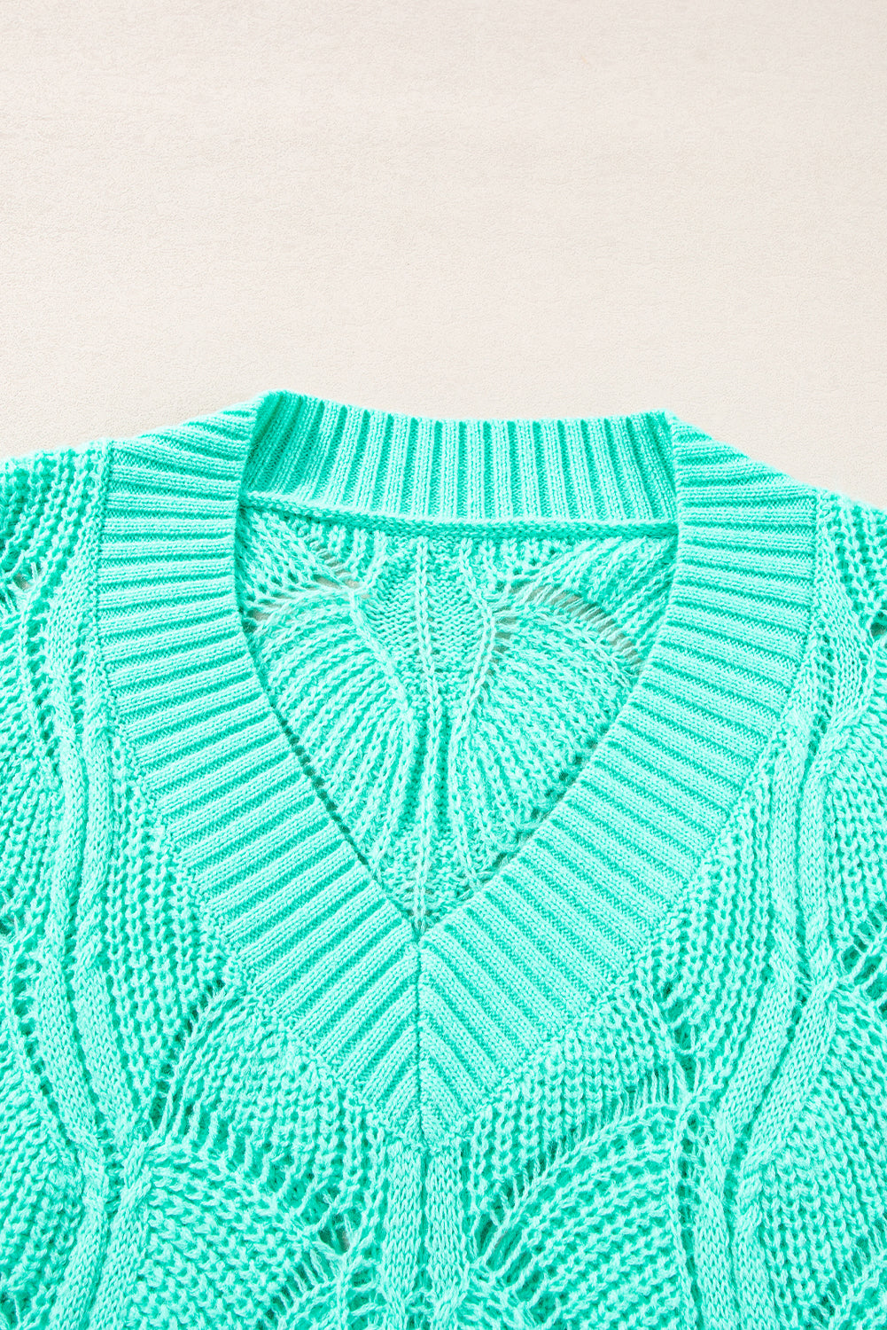Mint Green Hollow Out Knit V Neck Drop Shoulder Sweater Sweaters JT's Designer Fashion