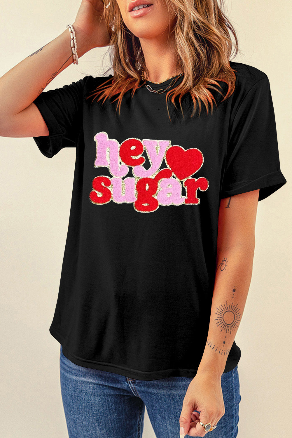 Black Chenille Heart hey sugar Patched Crewneck Valentines Tee Graphic Tees JT's Designer Fashion