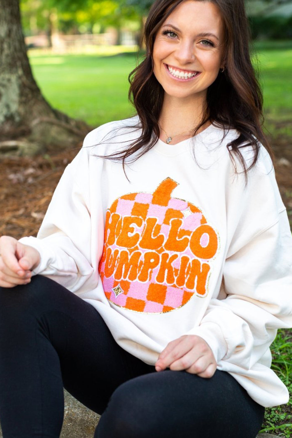White Terry Halloween Pumpkin Patched Pattern Pullover Sweatshirt Sweatshirts & Hoodies JT's Designer Fashion