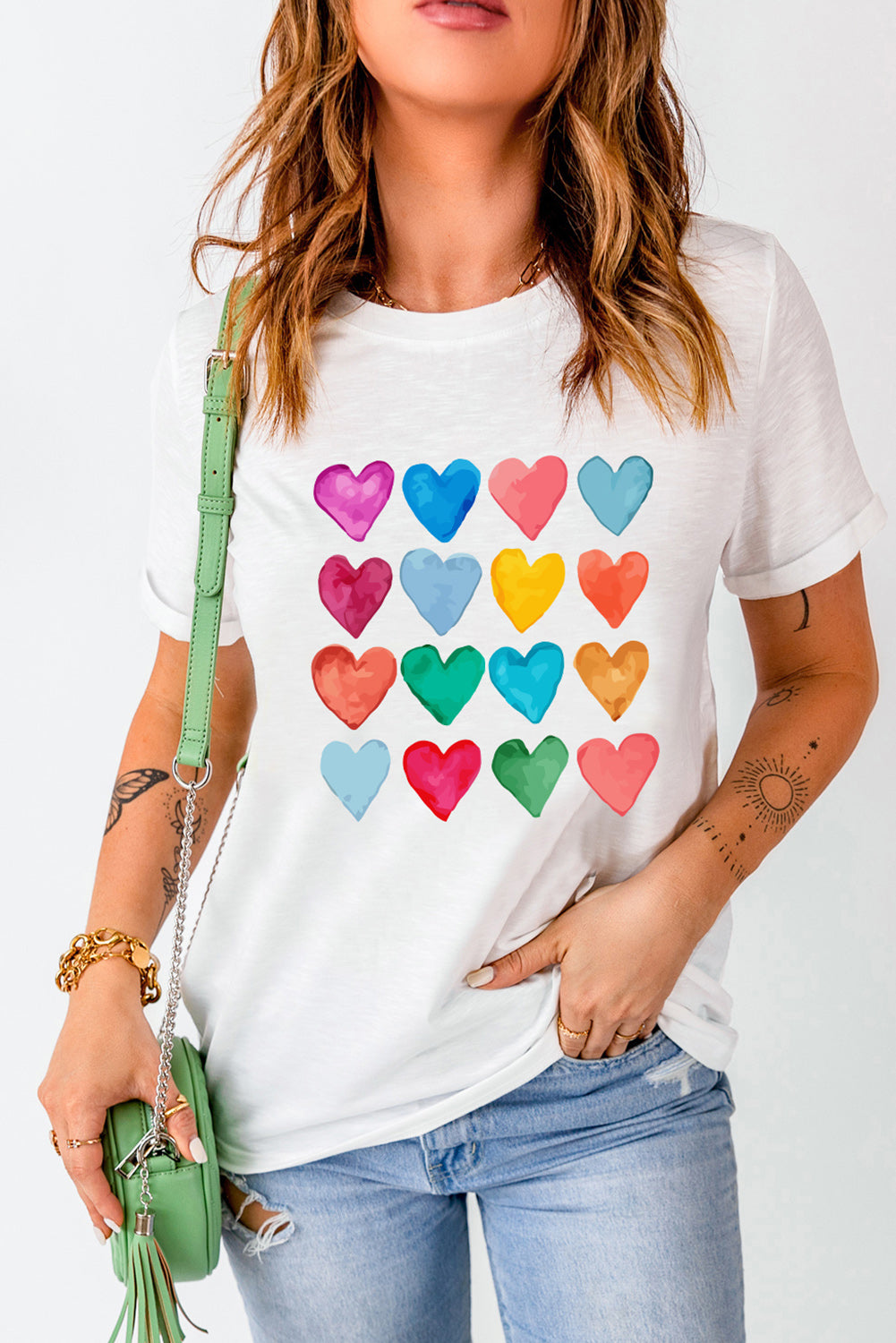 White Colorful Heart Shaped Print Crew Neck T Shirt Graphic Tees JT's Designer Fashion